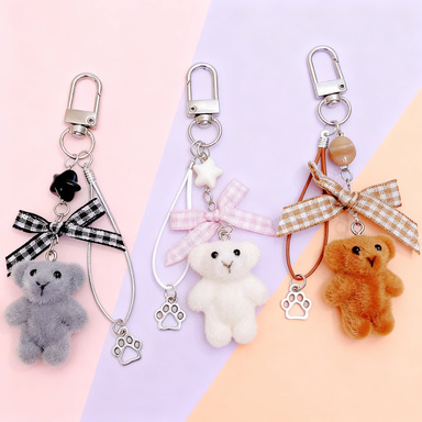 Ins Flocked Bear Bow Star Keychain DIY Cute Mobile Phone Bag Accessories Headphone Set Pendant Pendant
