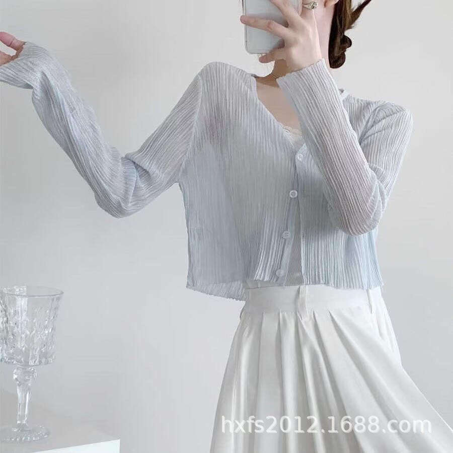 纯欲风防晒开衫女夏季网纱透视单排扣长袖纯色短款上衣V领小披肩