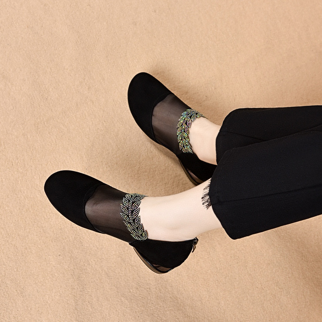 Sandal da lộn khoét lỗ mũi tròn gót vuông thấp đế mềm — đen chi tiết 3