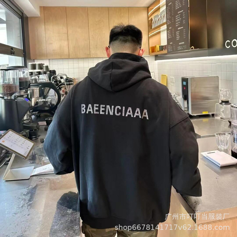 Paris Correct Version B Letter Front and Back Rhinestone Distressed Couple Hooded Sweatshirt Autumn Winter New Style