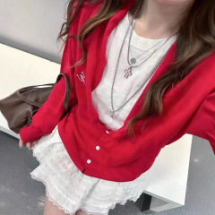 撞色假两件针织开衫女早春季新款宽松外搭设计感毛衣上衣外套2025