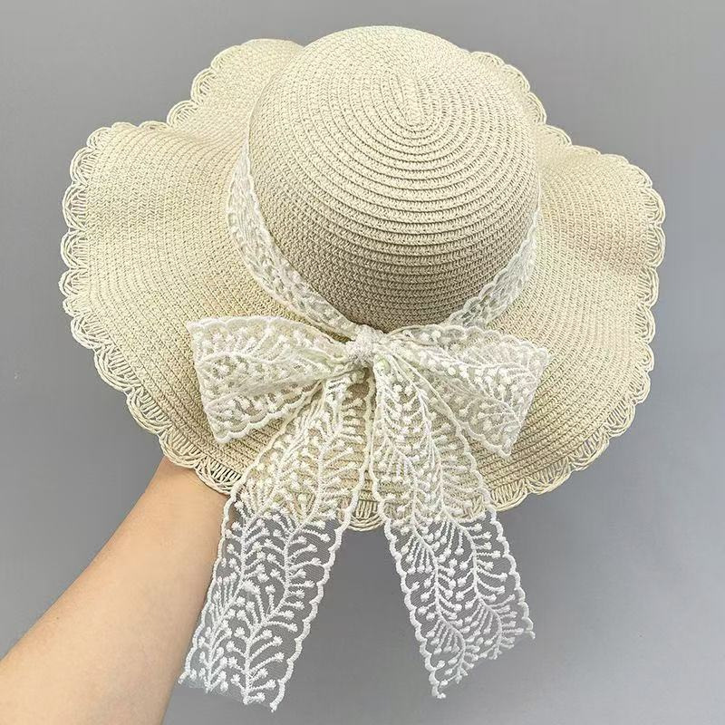 Korean Style Lace Bow Large Brim Sun Hat Women's Summer Sun Protection Straw Hat Beach Sweet Fisherman Hat