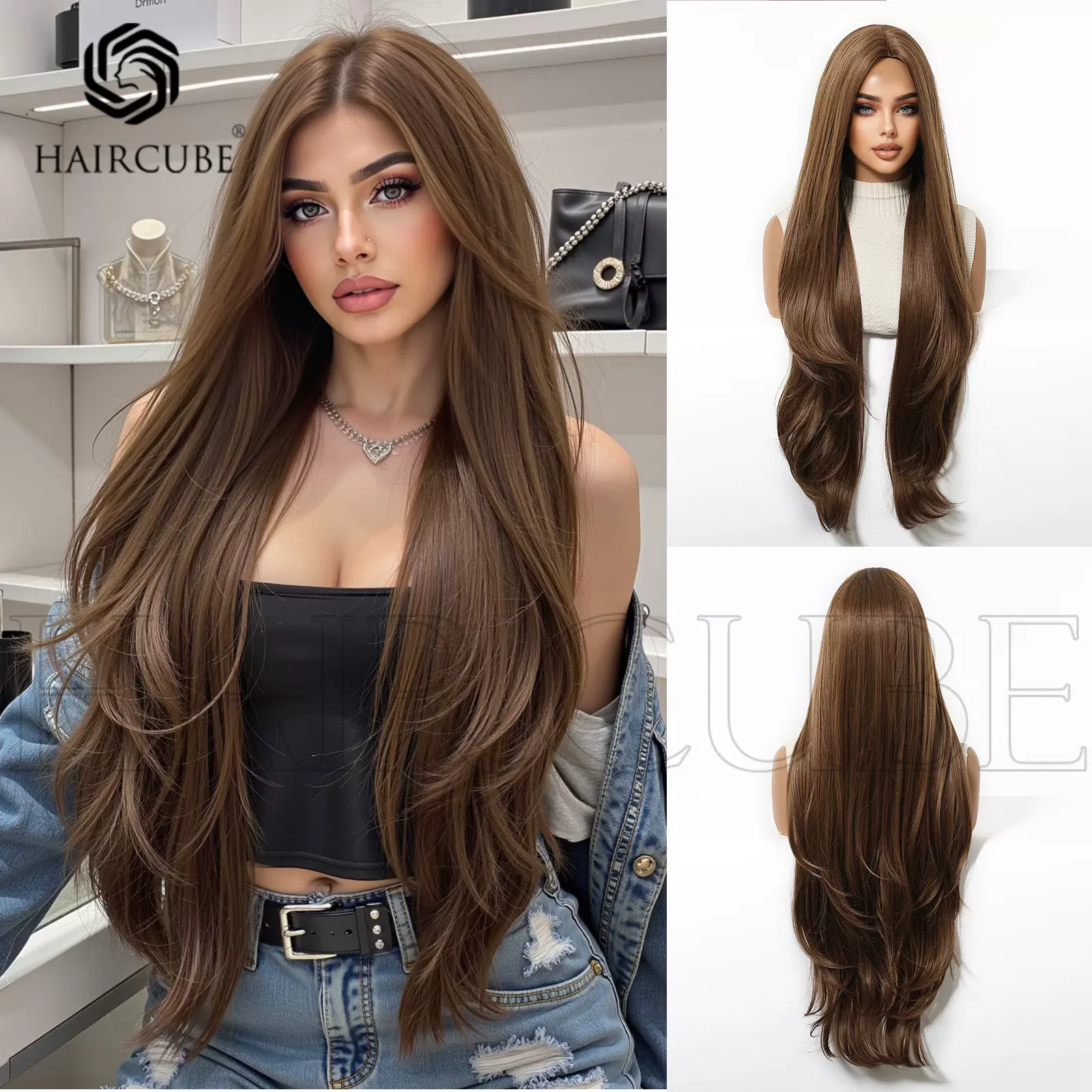 新款80cm微卷直发中分氛围感长发多色可选灰色白金色棕色假发头套