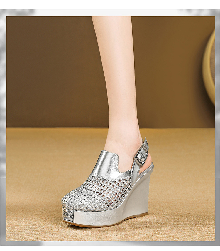 Sandal cao gót nữ mũi nhọn bện rỗng đế xuồng chống nước — màu be chi tiết 19