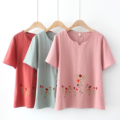 大码中老年女装夏季棉麻刺绣超显瘦短袖T恤洋气套头上衣94F237