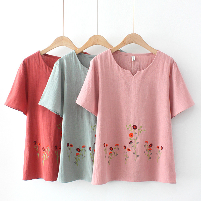 大码中老年女装夏季棉麻刺绣超显瘦短袖T恤洋气套头上衣94F237