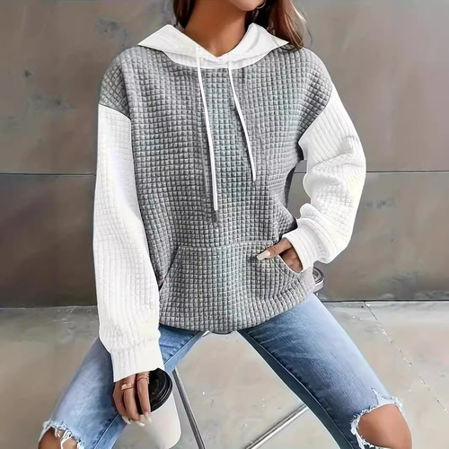Autumn and Winter European and American Fashion Hot Item: Loose, Casual, Color-Block Patchwork Pullover Hoodie—All-Match Sweatshirt Jacket for Women