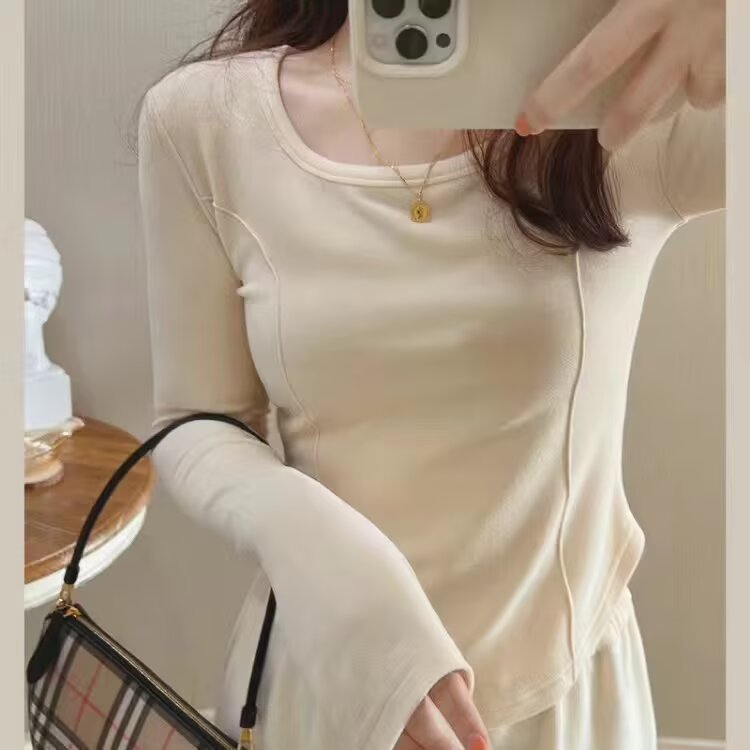 Fashion New Base Shirt for Women, U-Neck Long-Sleeve Top T-Shirt, Spring and Autumn Low-Neck Short Slim-Fit Trendy