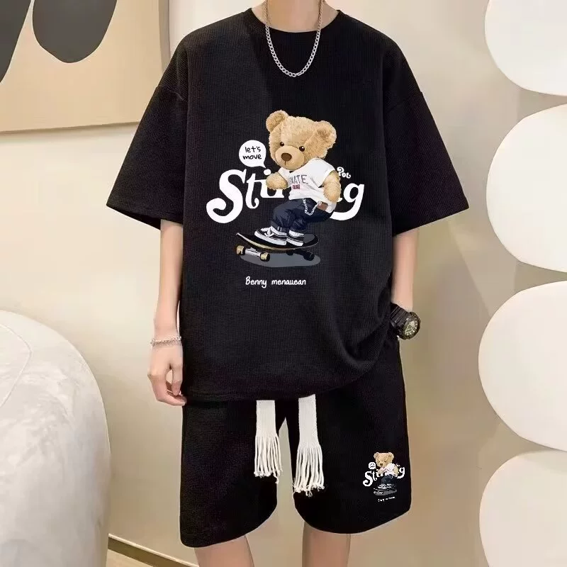 Американский набор вафли мужской летний новый стиль прилива с короткими рукавами в стиле Гонконга