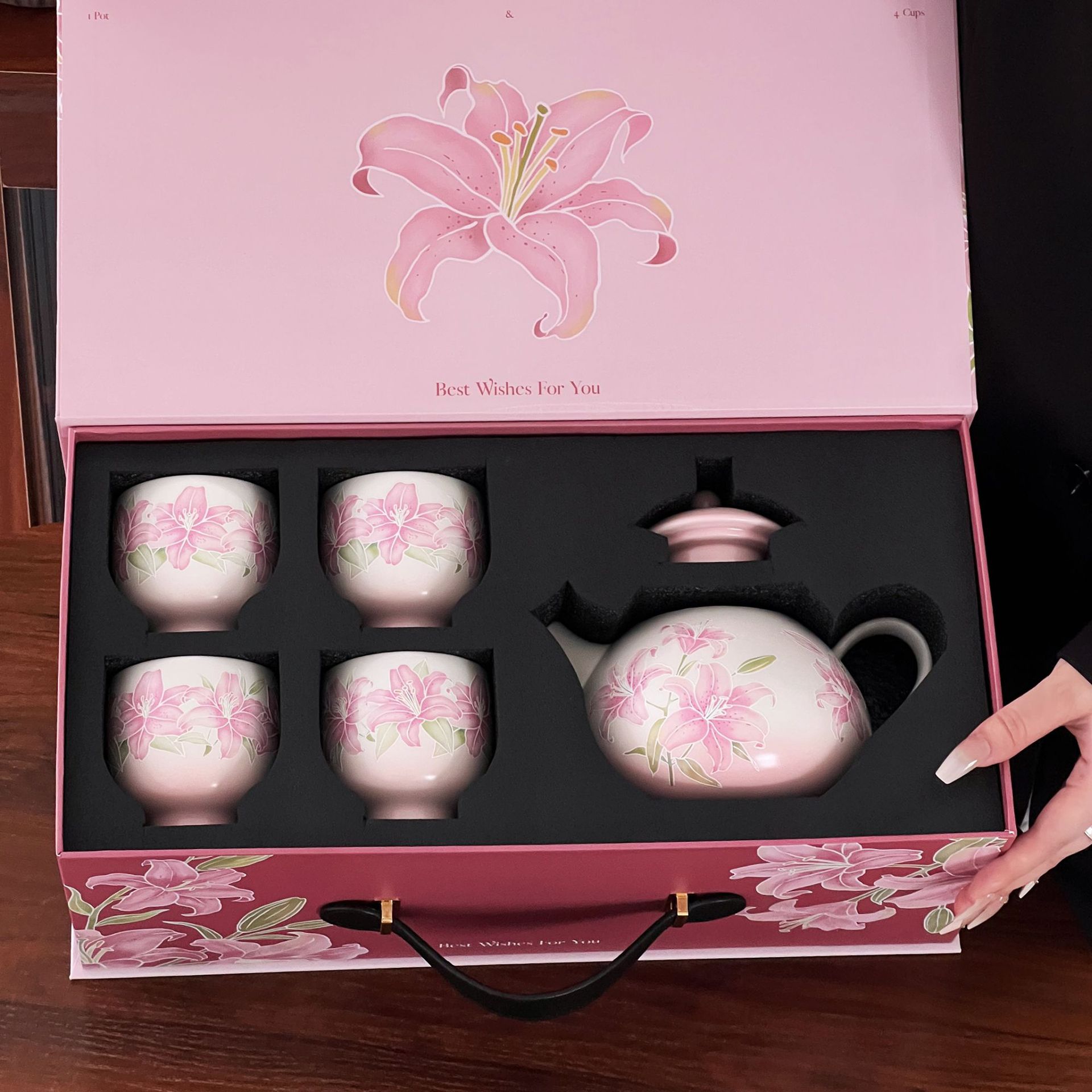 Conjunto de té de cerámica de Shang 'en, taza de cerámica de té doméstica, caja de regalo doméstica en relieve, conjunto de té de lirio.