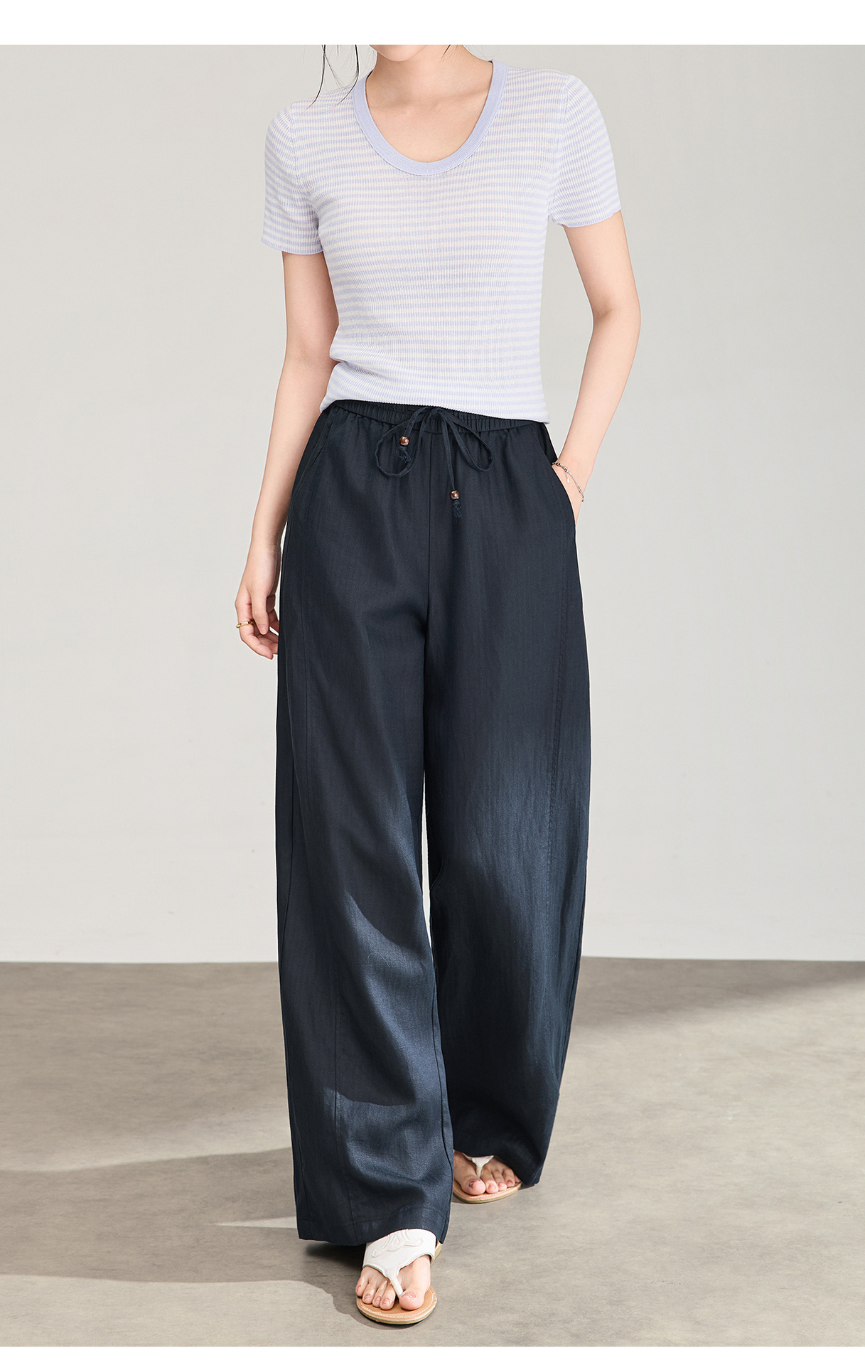 Quần culottes nữ ống rộng chất liệu linen phối lụa, cạp chun rút dây, dáng suông mềm mại — màu xanh táo chi tiết 17