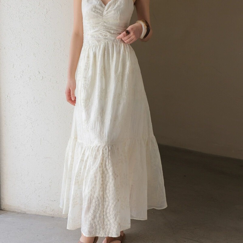 Off-White Dress for Women, 2026 Summer New Style, Slim-Fit Spaghetti Strap Long Dress, Ivory White