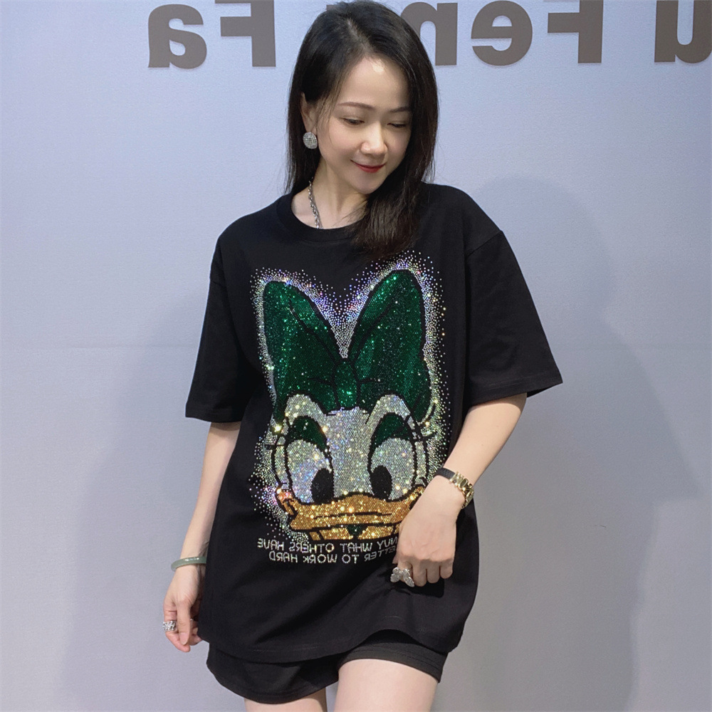Camiseta de mangas cortas de gran tamaño de ropa de mujer americana de verano de diamante pesado caliente de cuello redondo de media manga de algodón