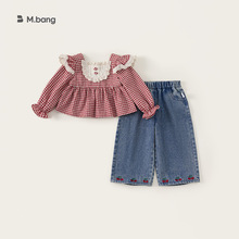 宥宝童装女童韩版套装春季花边红格娃娃衫樱桃绣花牛仔裤两件套