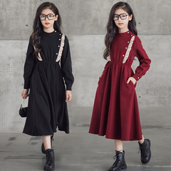 A drop-shipping girl's dress 2023 spring and autumn new medium and large children's parent-child wear stand-up collar waist mid-length skirt