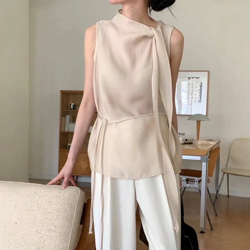 2026 Summer New Style Gentle Wind Tie-Neck Sheer Blouse Thin Sleeveless Lace-Up Unique Top for Women
