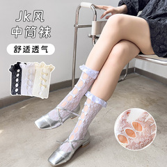 Socks for Girls Summer Thin Lolita Sweet Soft Girl Bowknot Crew Socks with Lace Patterns and Hollow Design