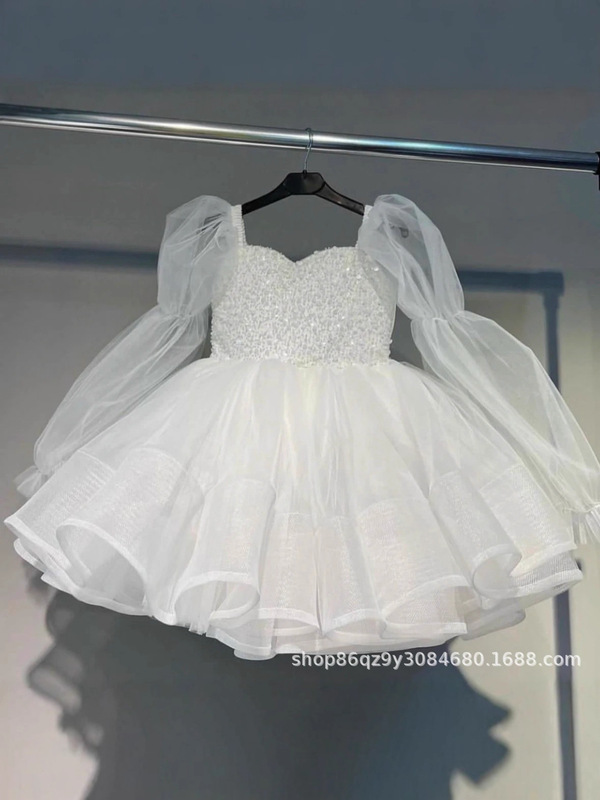 First Communion Dress Long Sleeve Tulle Sequin Flower Girl Dress Bow Decoration Princess Dress Party Dress