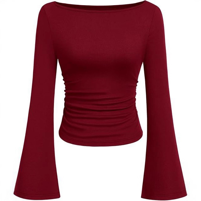 European and American Style Spicy Girl Solid Color Boat Neck Flared Sleeve T-Shirt for Women, 2025 Autumn Slim Fit Ruched Slimming Long Sleeve Top