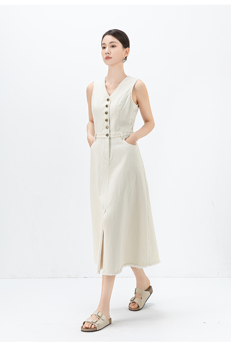 Đầm maxi nữ không tay cổ tròn phong cách Pháp chất jean mềm — màu trắng chi tiết 26