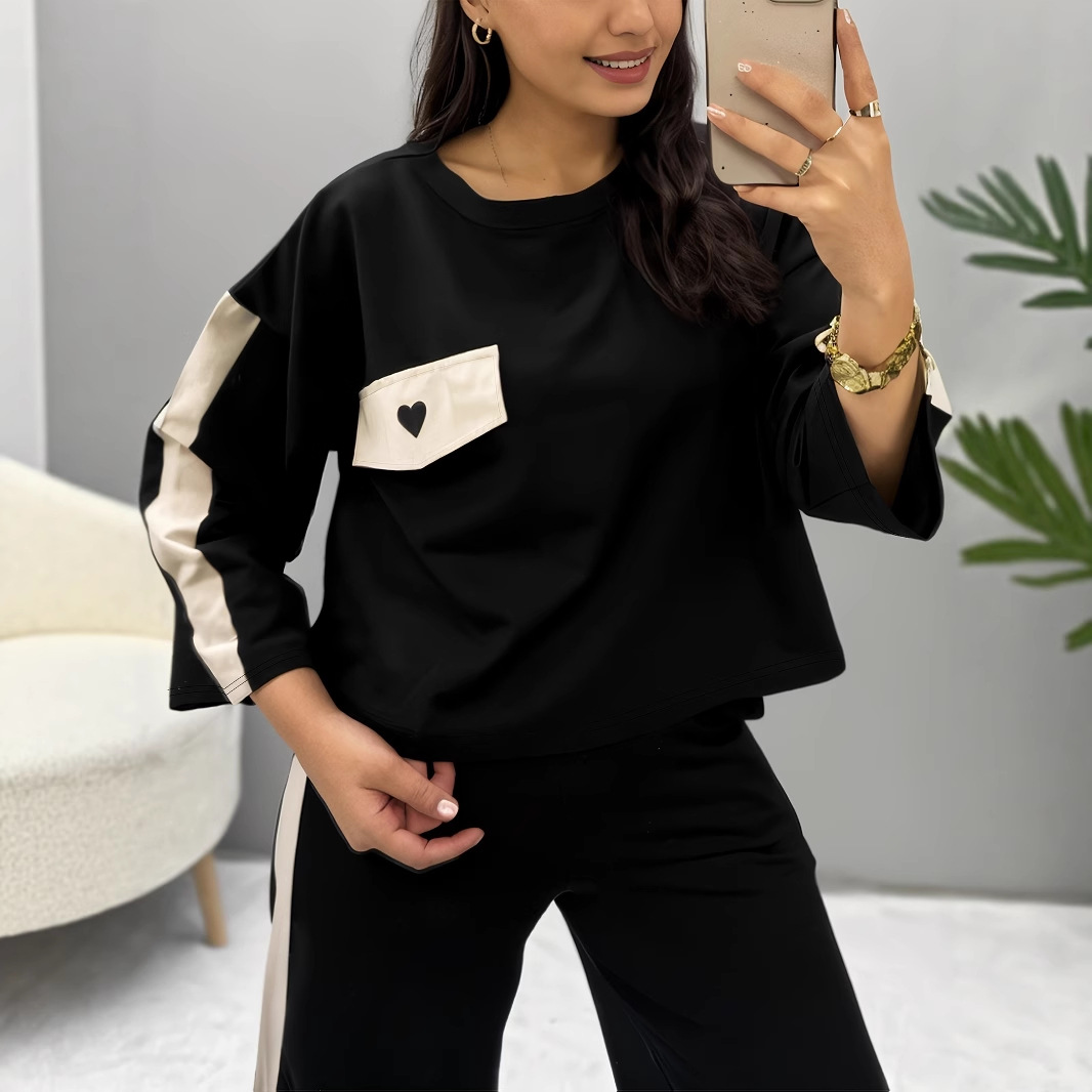 Women's Casual Short Sleeve Top With Color Blocking And Straight Leg Pants Two-Piece Lounge Set Versatile For Multiple Occasions_ecoleips.com