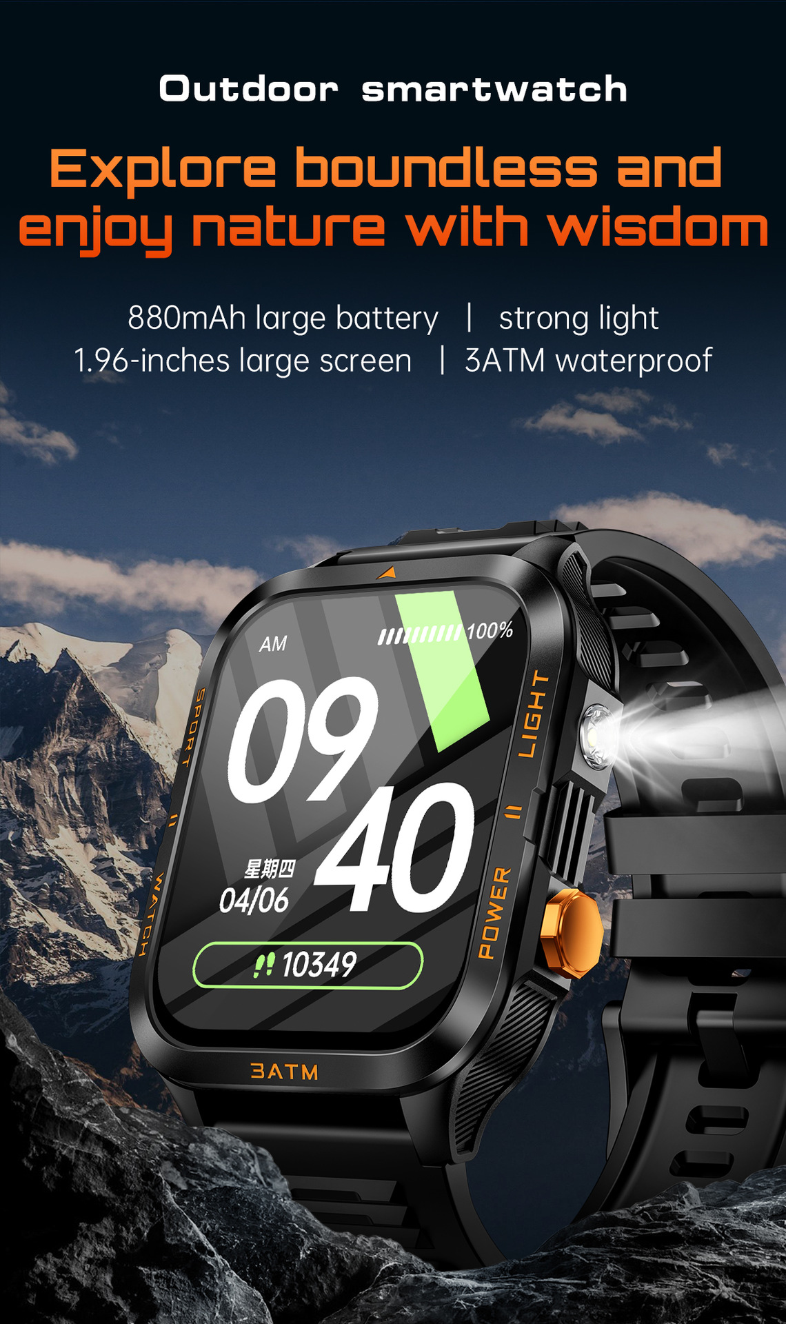 Montre connectée KT89, grand écran 1,96 pouce, appels Bluetooth, lampe torche LED, idéale pour les activités de plein air, style unisexe chic et sportif._voghion.com