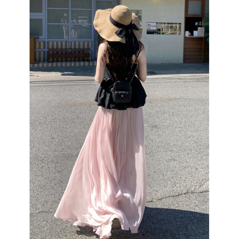 Tall and Wide Skirt, Sparkling High-Waisted Elastic High-End Elegant A-Line Extended Pink Skirt