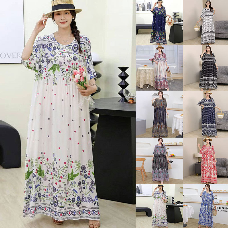 2026 Cross-Border Southeast Asia Plus-Size Dress for Fat Girls, Oversized Short-Sleeve Maternity Dress, Loose Floral Beach Long Dress