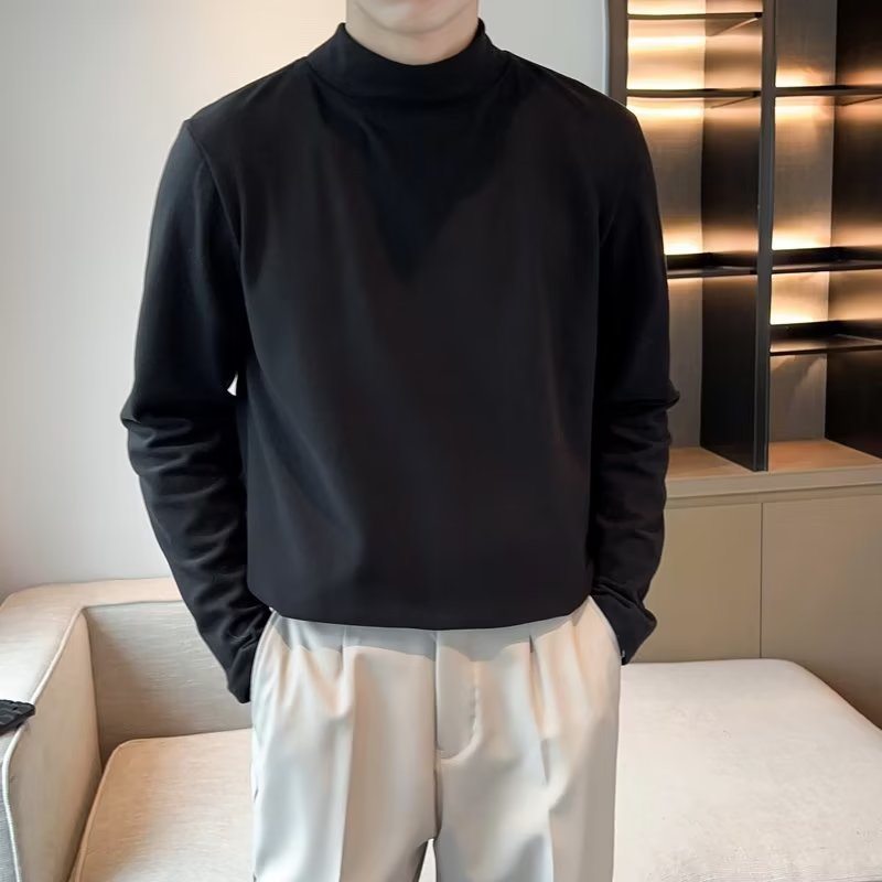 가볍고 성숙한 스타일의 가을과 겨울 반 터틀넥 긴팔 티셔츠 남성용 느슨한 단색 미드 칼라 하단식 셔츠 캐주얼 이너 탑 티셔츠