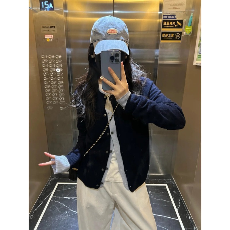 韩系百搭单排扣外套女春秋季小众撞色假两件上衣复古针织毛衣开衫|undefined
