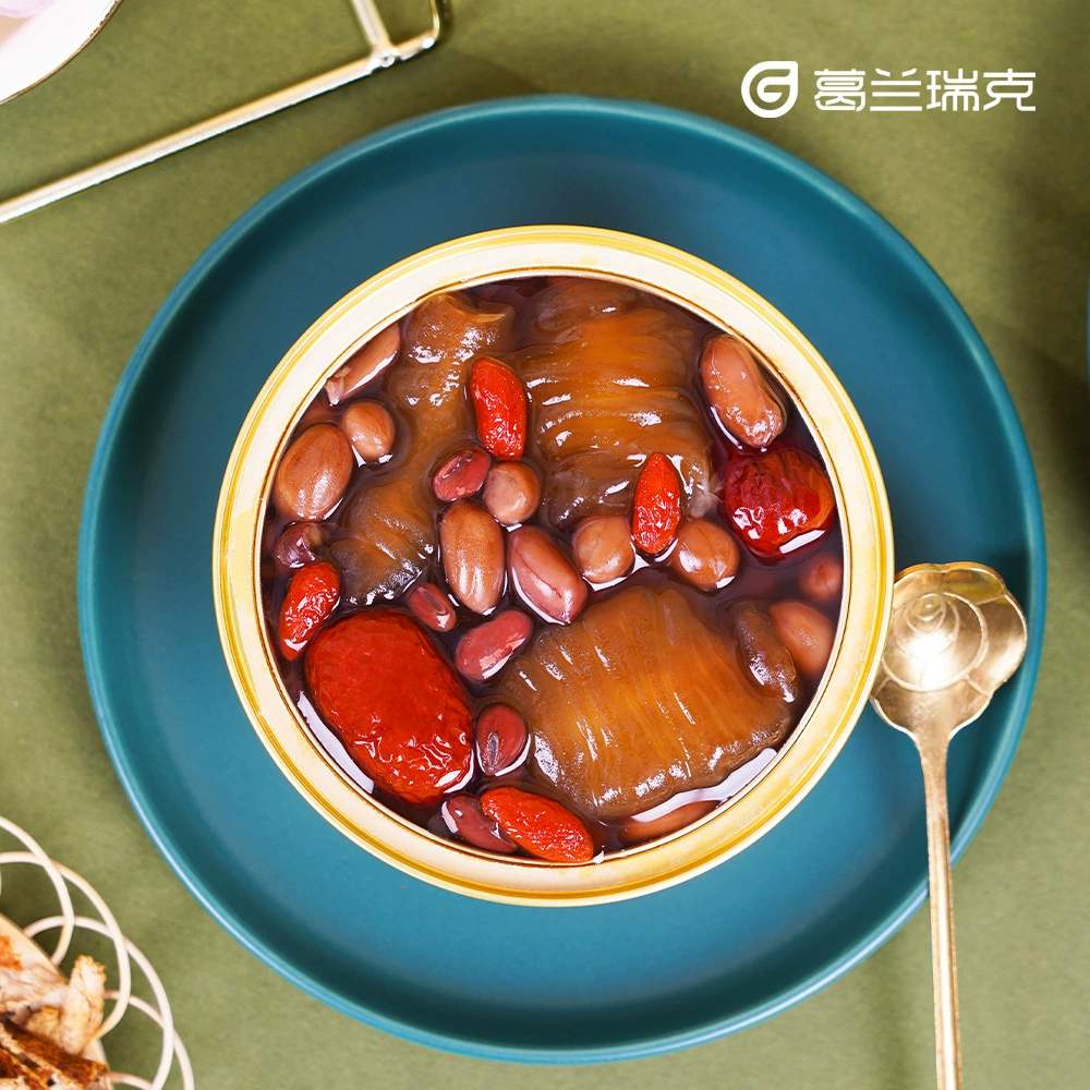 [Custom ready-to-eat fish maw, silver ear fungus, conpoy soup with tangerine peel, five red fish maw can, labelled milk glutinous rice]