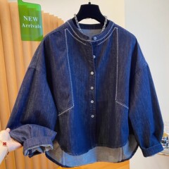 高级感圆领牛仔衬衫外套女秋2025新款宽松休闲超好看薄款夹克上衣