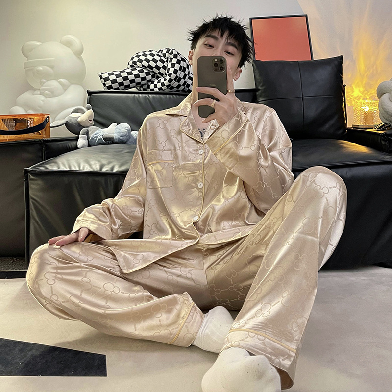 2025 pijamas nuevos para hombre, primavera y otoño, manga larga, seda helada, talla grande, conjunto de dos piezas, ropa fina de seda para el hogar de verano