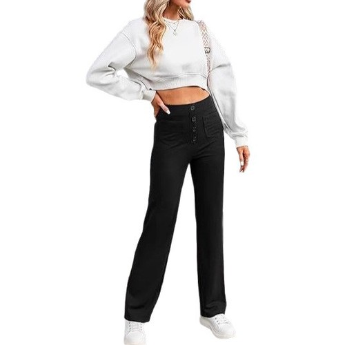 2024 Amazon Europe and America fashion new style women's casual straight leg pants high waist button elastic with multiple pockets 