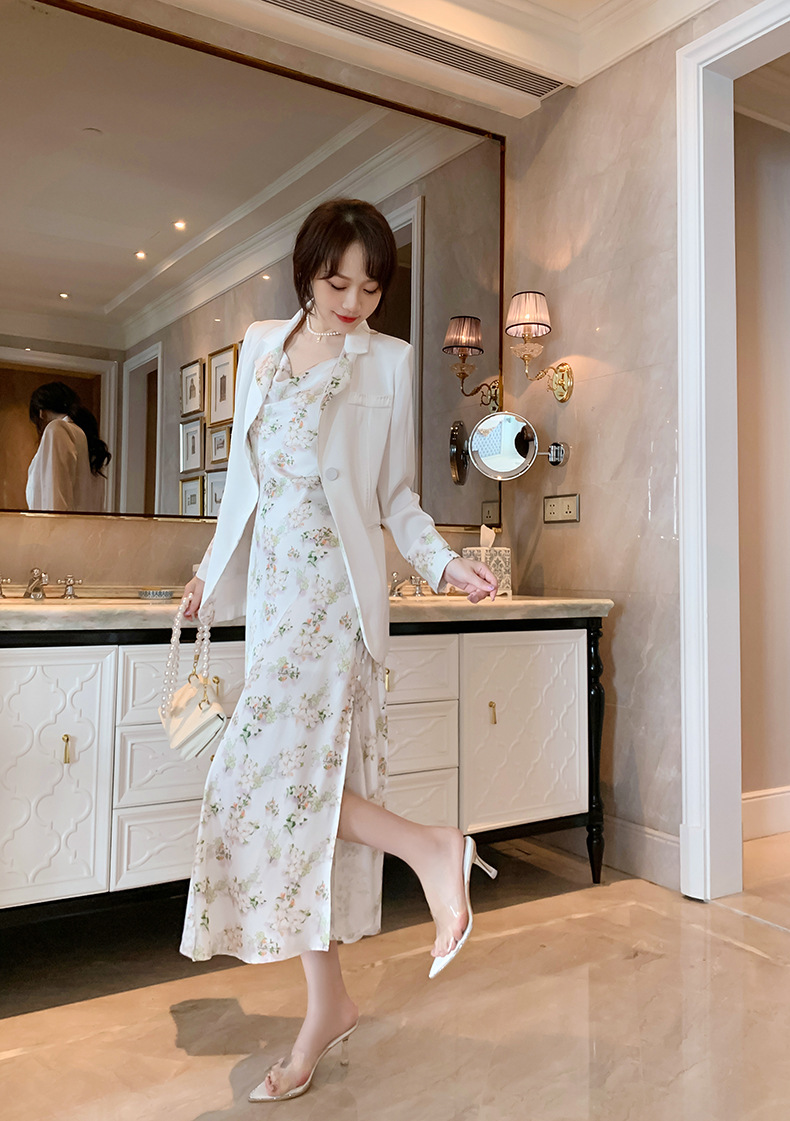 Set công sở nữ áo vest hai mảnh kèm đầm satin dây mảnh — Màu trắng chi tiết 13