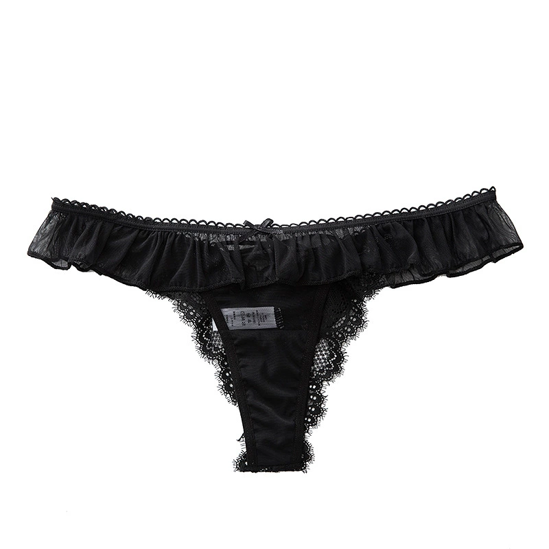 Тонгниж panties? 'Thong Panties, Lace Low-Waist Sheer T-Back, Lightweight Transparent Ruffle, Sizes M–L' -> Трусики-стринги, кружевные, низкая талия, прозрачный сзади в виде T-образной линии?