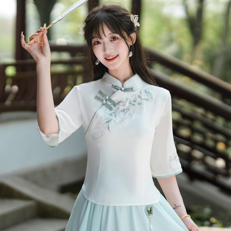 好质量中式国风夏季棉麻半袖绣花立领修身复古茶服上衣雪纺裙套装|undefined