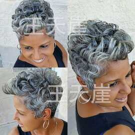 跨境新品非洲小卷假发 欧美假发女短卷发灰色玫瑰网化纤头套 wigs