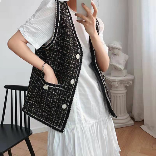 Small fragrant style vest jacket for women 2024 spring and autumn new Korean style foreign style contrasting color tweed V-neck sleeveless vest trendy