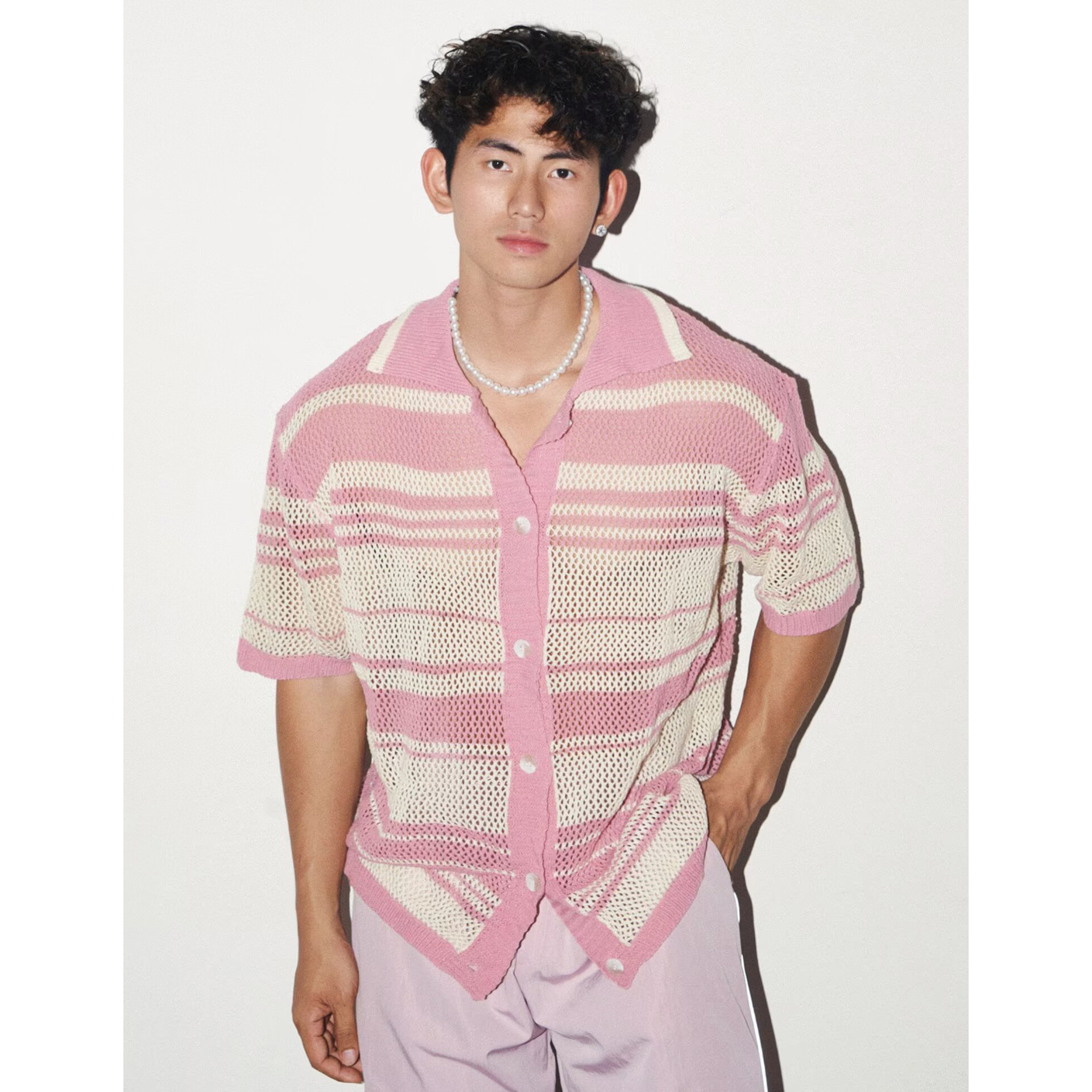Polo camiseta de manga corta camiseta de punto hombre Cardigan rayas huecas camiseta de negocios británico comercio exterior al por mayor transfronterizo