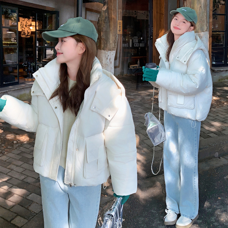 Ropa de algodón de mujer corta con capuzas gruesa ropa de pan de algodón coreano todo-completo suelto de bolsillo de mujer estereoscópico chaqueta de algodón caliente