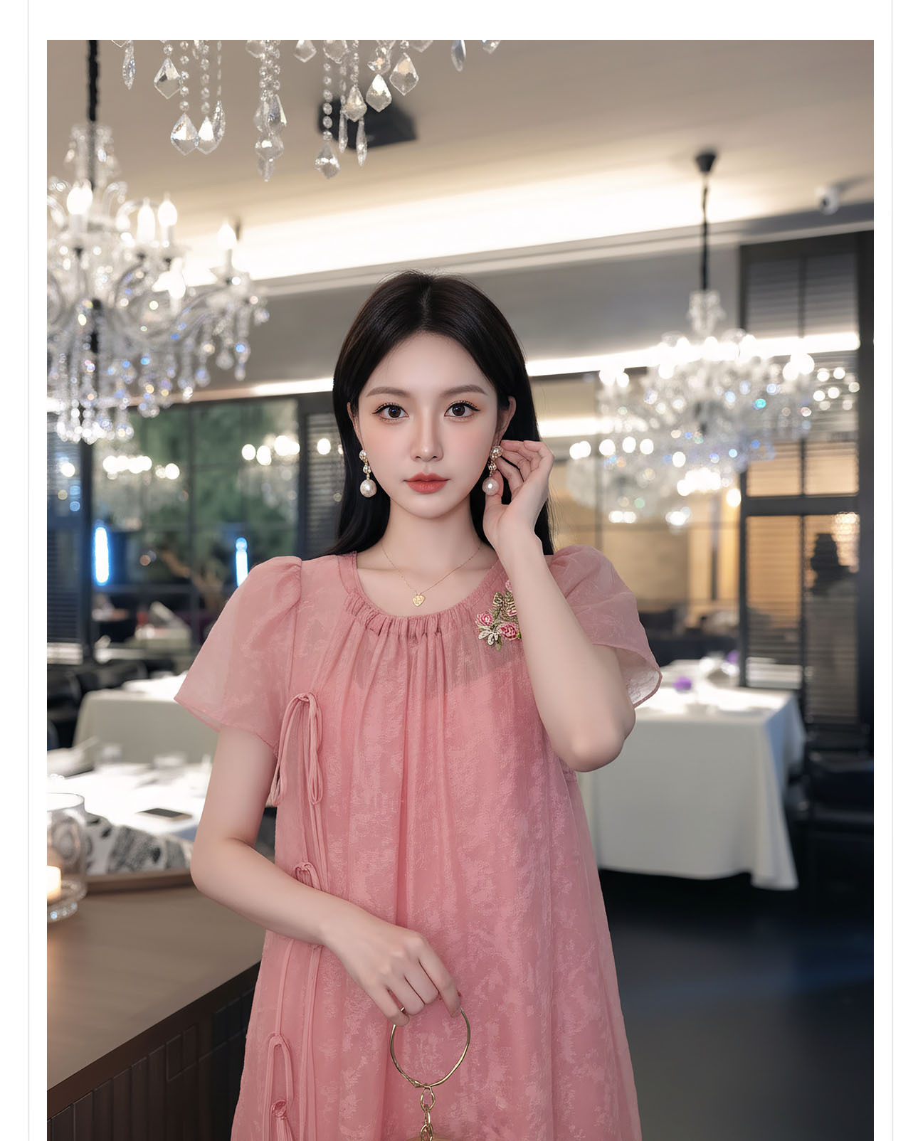 Đầm maxi nữ thắt eo phong cách Tân Trung Hoa tay ngắn — Hồng【Phiên bản tay ngắn】 chi tiết 4