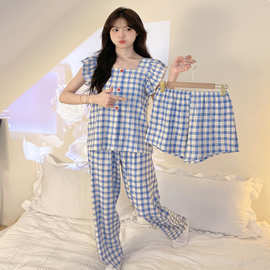 2024新款睡衣女三件套云朵棉夏季薄款无袖网红家居服套装(带胸垫)