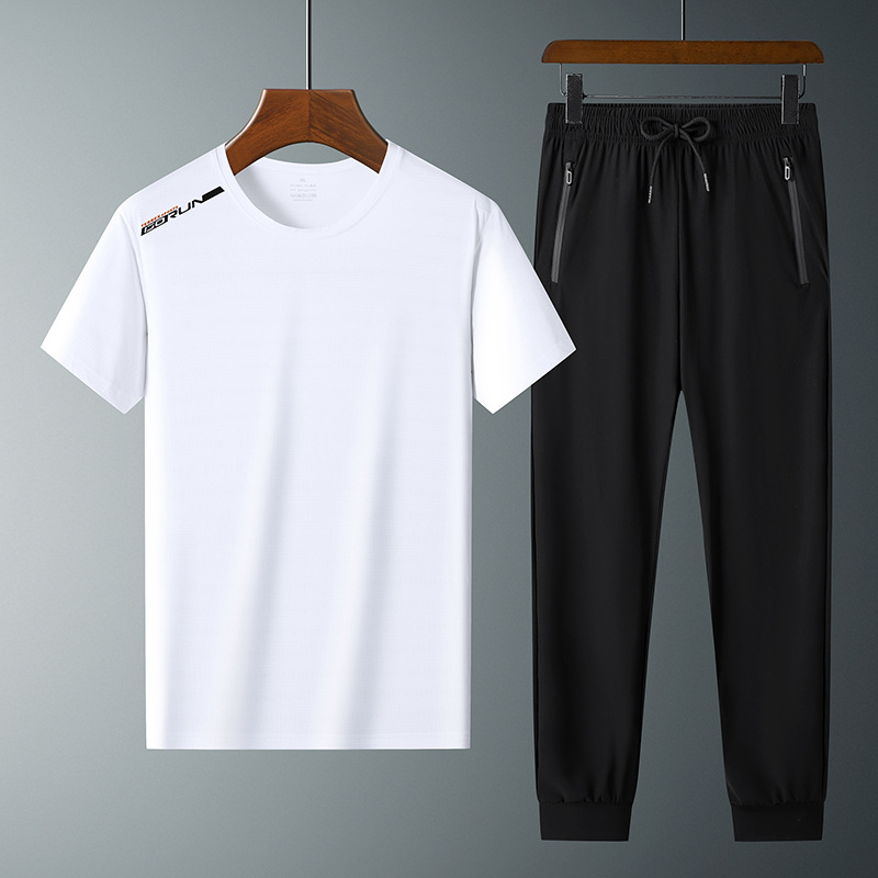 Moda pantalones de seda de hielo cuello redondo Camiseta de dos piezas para hombres talla grande suelta de secado rápido traje deportivo LOGO se puede formular