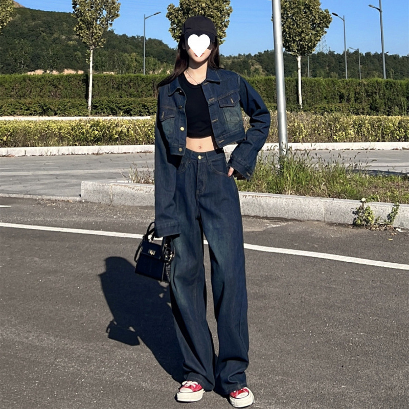 美式复古短款牛仔布外套夹克女春季高腰拖地阔腿牛仔布|undefined