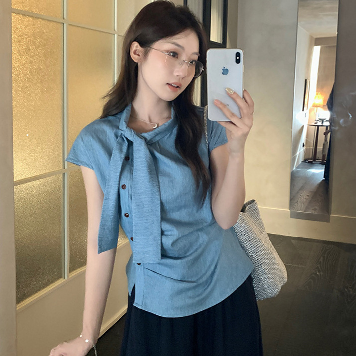 Women's Shirt with Unique Design, Summer Striped Flutter Sleeves, Ribbon, Diagonal Placket, Irregular Slim-Fit Top