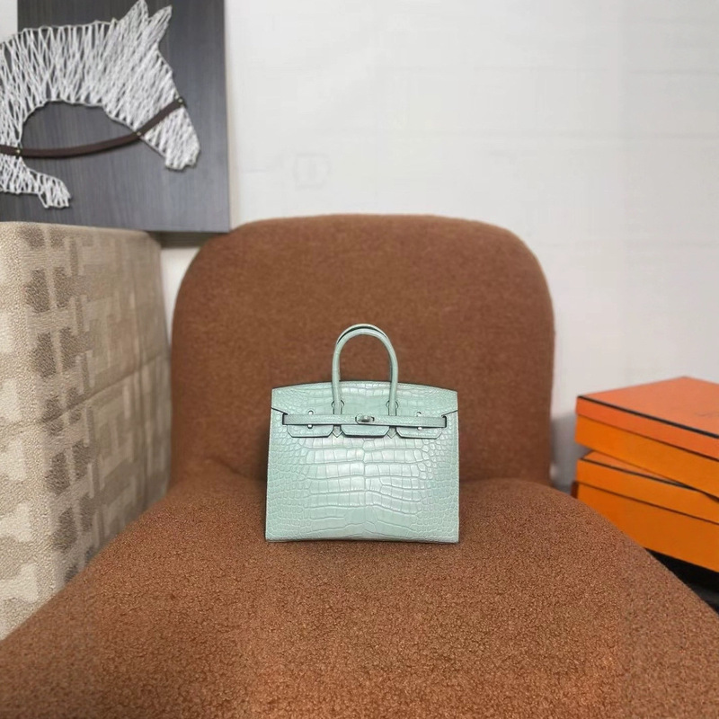 H Family Platinum 20 American Crocodile Matte 6U Mint Green Pure Handmade Hand-Sewn Wax Thread Sewing Hand-Made Upgraded Women's Bag