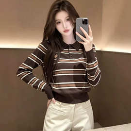 polo领条纹长袖针织衫女2026新款韩系巨好看的早春穿搭打底衫上衣