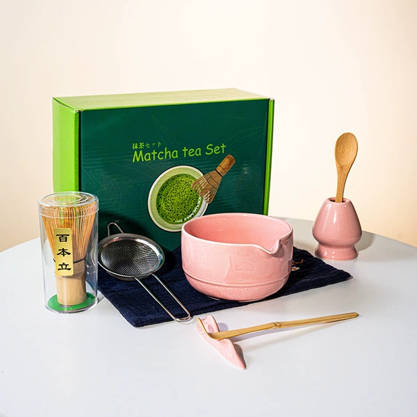 FJT Mushroom Straight Bowl Pink 8-Piece Set (Dark Green Color Box + Blue Tea Towel)