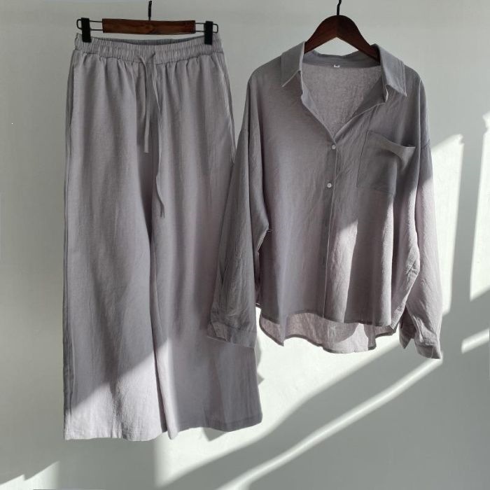 Women's Clothing Women's Retro Plus Size Cotton Linen Shirt Set High Waisted Loose Fitting Trousers Two Piece Set 20 Colors_ecoleips.com
